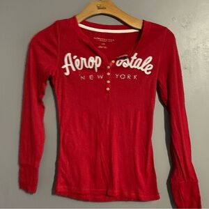 Aeropostale Ribbed Fitted Partial Button Henley Sequin Embroidered Shirt L Red